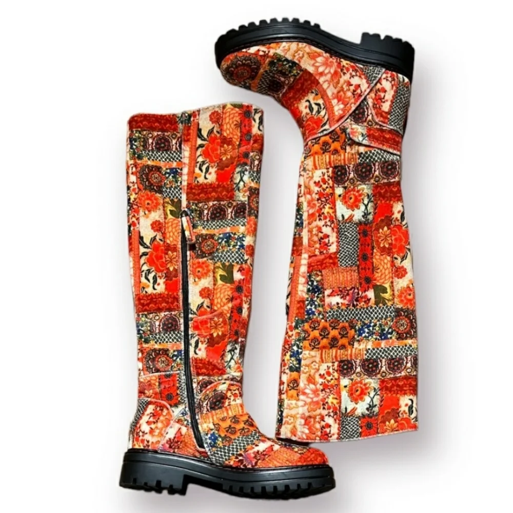 Free People Red Multi Patchwork Over-the-Knee Boots